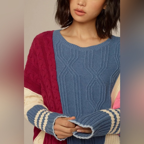 Anthropologie Maeve Colorblock Cable Knit Sweater Oversized Pink Blue Burgundy - Picture 2 of 11